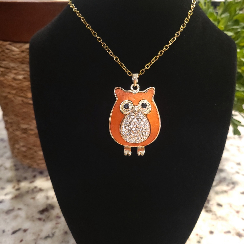 Gold and Orange Leather Owl Pendant Necklace